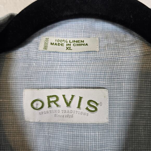 Orvis Button Up Shirt Men's XL Blue White Linen Houndstooth Casual Work Party - Picture 4 of 5
